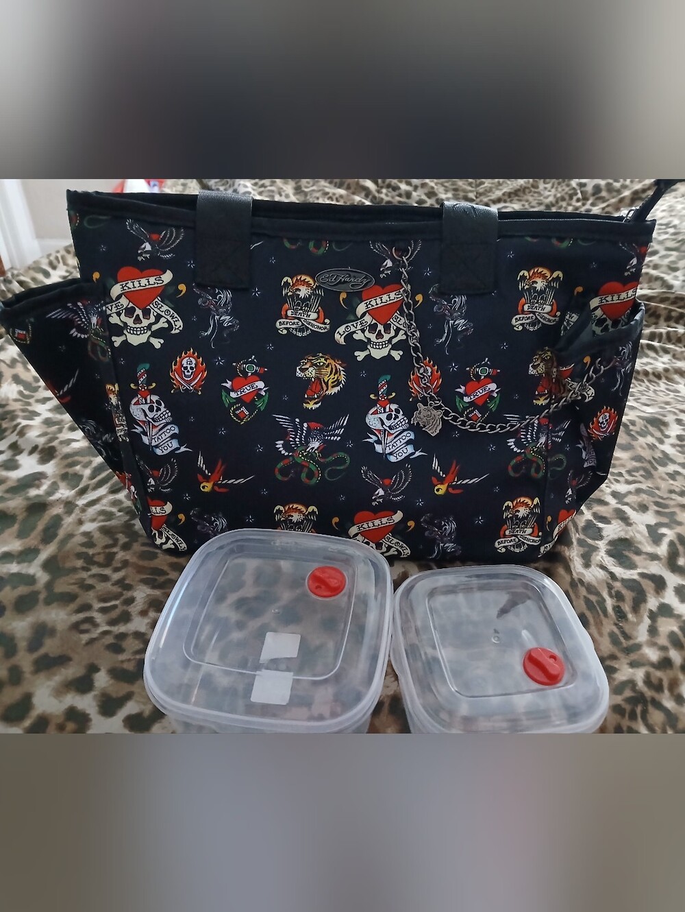 Ed Hardy Black Tattoo-Style Printed Lunch Tote Bag